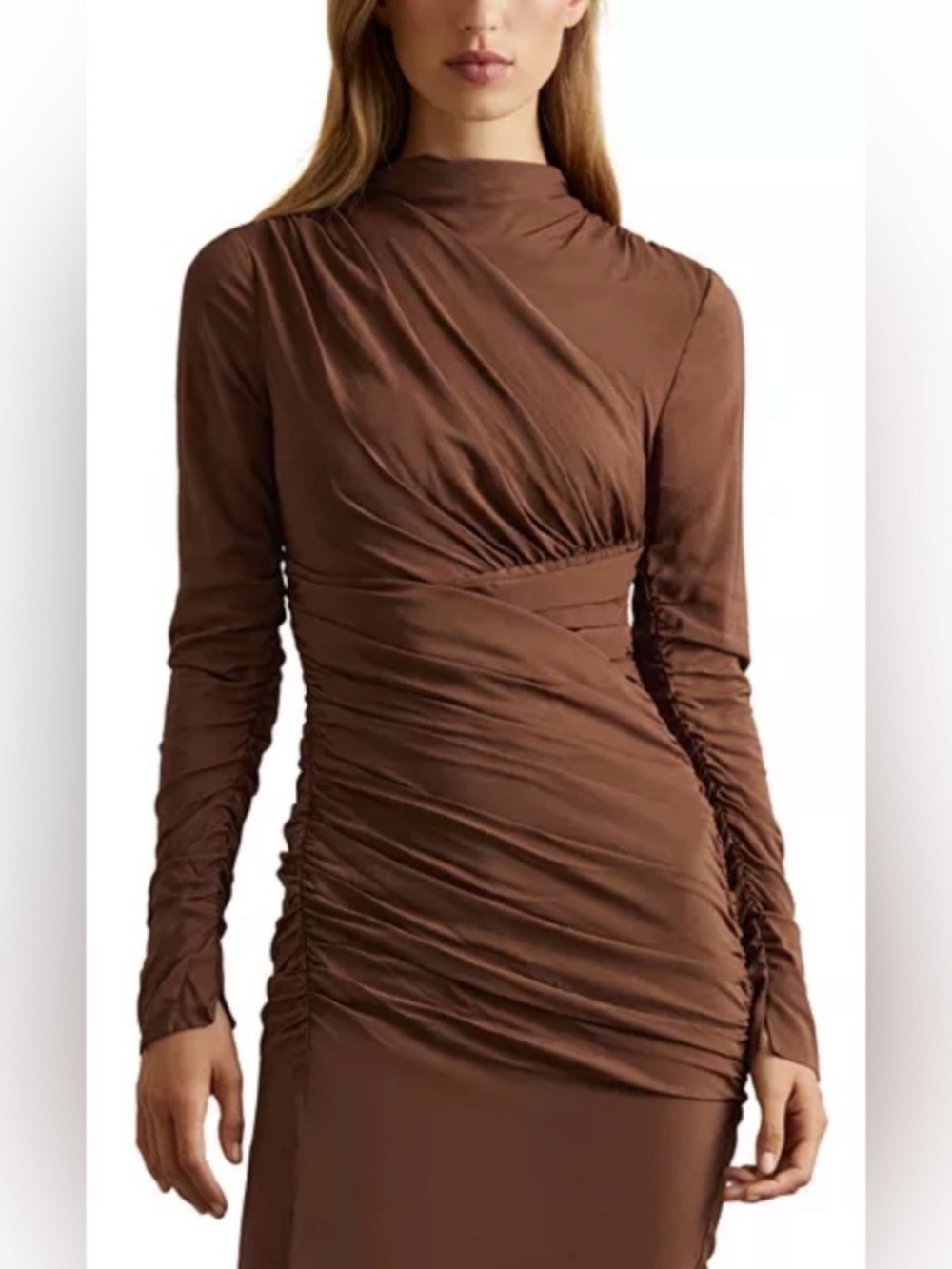 Reiss Brown Ruched High-Neck Midi Dress